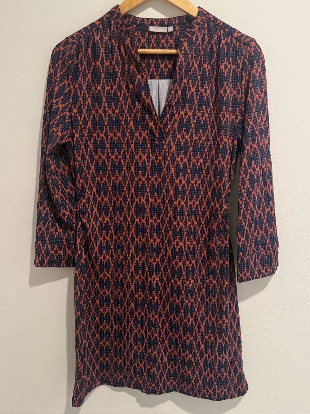 Ellie Kai Printed Shift Work Dress Navy Coral 3/4 Sleeve Stretch Tunic Size 4